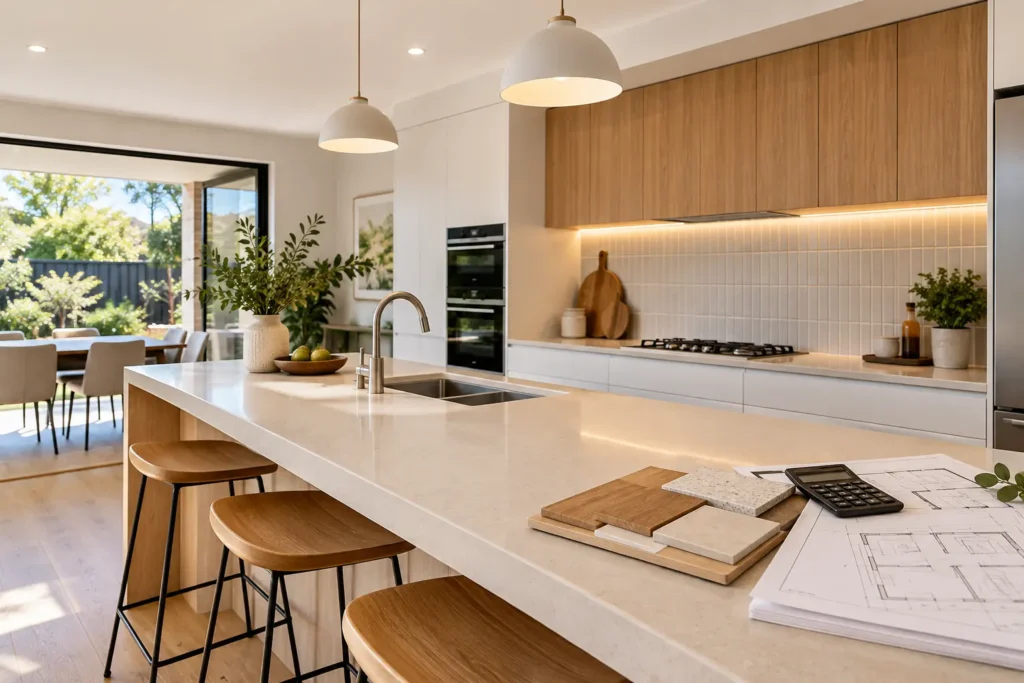 Modern Melbourne kitchen renovation with stone-look benchtop, cabinetry and renovation cost & planning materials.